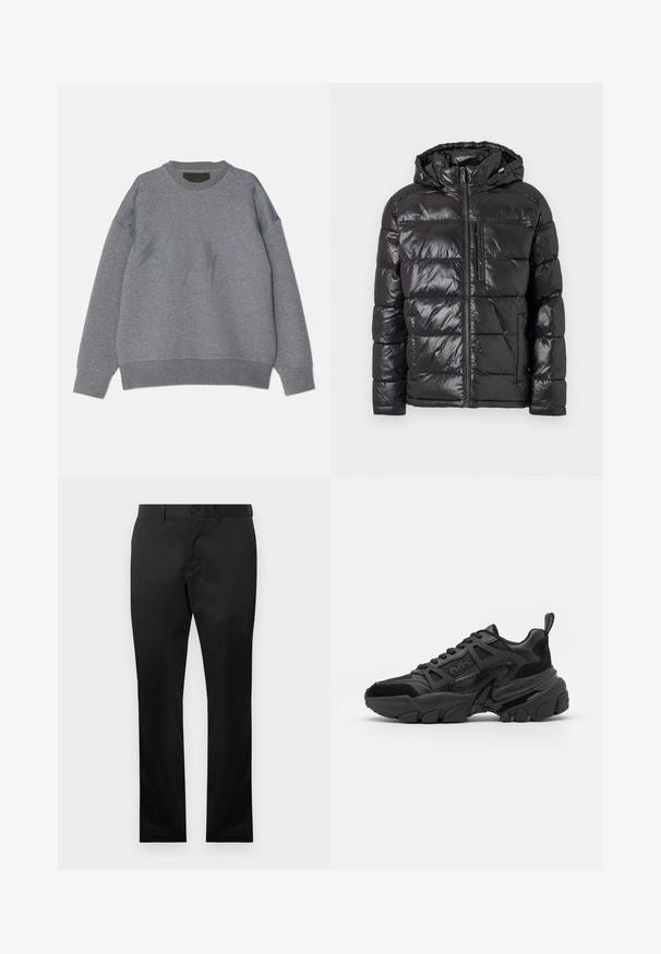 Svart puffjacka med en glänsande, vadderad yta, huva, frontdragkedja och två sidofickor. Lätt och isolerad design.; Grå sweatshirt med rund halsringning, prydd med ett blixtmönster i en något mörkare nyans över bröstet. Mjuk tyg, avslappnad passform.; Svarta bomullsbukser med raka ben, med framknäppning och sidofickor, slät textur, utan synliga mönster.; Svarta atletiska sneakers med en blandning av matta och blanka ytor, med en kraftig sula, meshdetaljer och en logotyp på sidan.