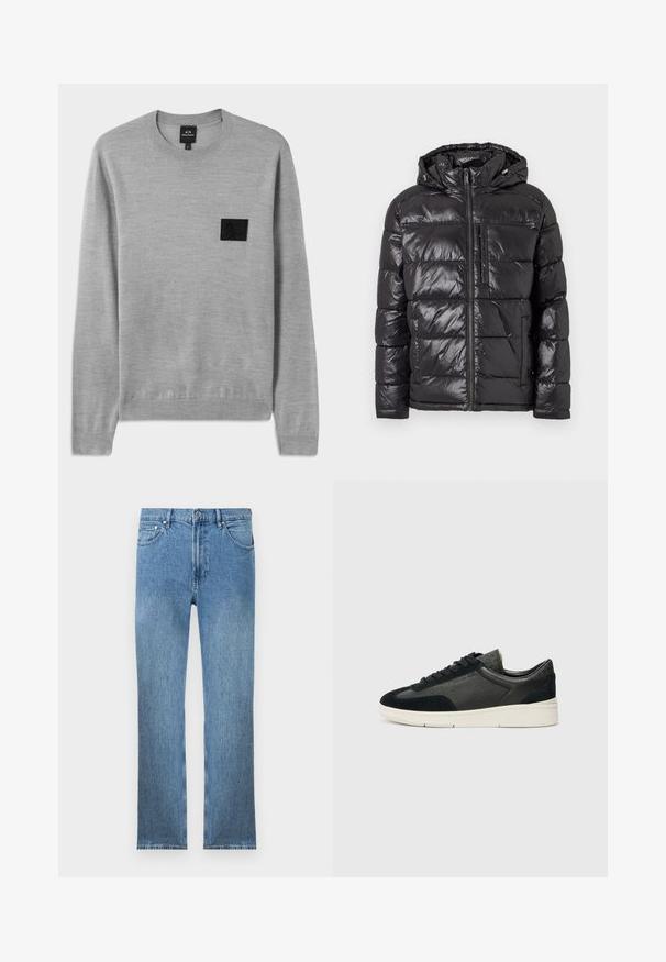 Črna puhovka z sijajno, kviltano zunanjostjo, kapuco, sprednjim zadrgo in dvema stranskima žepoma. Lahka in izolirana zasnova.; Siv sweater s krojem okroglega izreza, dolgimi rokavi in rebrastimi zapestji. Ima teksturirano črno logotipno nalepko na prsih. Mehka pletenina.; Svjetloplave traperice s ravnim krojem, pet džepova, patentnim zatvaračem i kontrastnim šavovima. Tkanina ima glatku, teksturiranu površinu.; Nizke športne čevlje, ki združujejo črno usnje z žametno teksturo in usnje z teksturo, bele gumijaste podplate in črne vezalke. Diskretno blagovno znamko na strani.