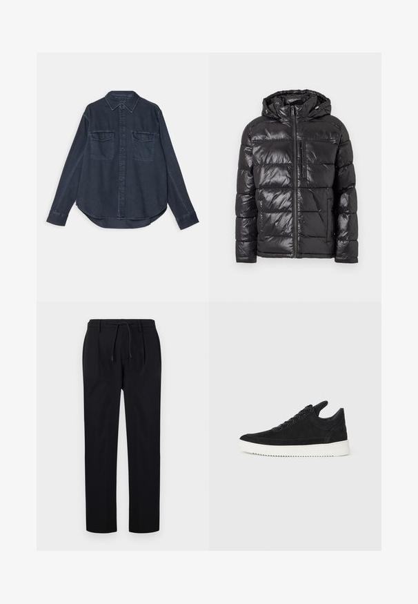 Must have musteljak, millel on läikiv, tikandatud välimus, kapuuts, esine tõmblukk ja kaks küljetaskut. Kerge ja soojust hoidv disain.; Tume sinine denimi särk nuppe taha, terava kraega, kahe rinnakotiga ja pikkade varrukatega, millel on nupuga mansetid.; Mustadest siledast kangast püksid, millel on nööriga vöökoht, sirged sääred ja esiõmblused, mis loovad struktureeritud väljanägemise.; Must mustel kingad valge kummist tallaga, millel on toon-toonis õmblused ja paeltega disain. Sile tekstuur ja moodne, voolujooneline kuju.