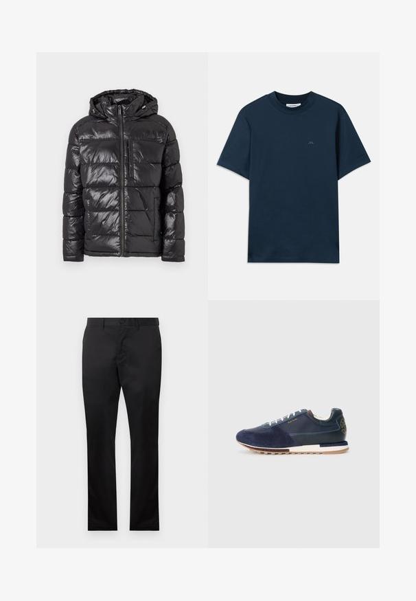 Black puffer jacket featuring a shiny, quilted exterior, a hood, front zipper, and two side pockets. Lightweight and insulated design.; Navy blue cotton t-shirt with a crew neck, short sleeves, and a subtle logo printed on the chest. Smooth texture and classic fit.; Black cotton trousers with a straight leg design, featuring a front button closure and side pockets, smooth texture, no visible patterns.; Navy blue suede and leather sneaker with white laces, a textured sole, and a brown accent at the rear featuring a logo detail.