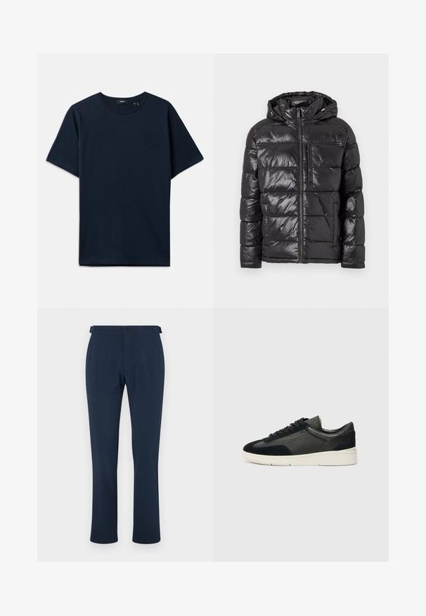 Svart dunjakke med en skinnende, kviltet overflate, hette, frontglidelås og to sidelommer. Lett og isolert design.; Marineblå bomulls T-skjorte med korte ermer, rund hals og en avslappet passform. Minimalistisk design uten synlige mønstre eller detaljer.; Marinebukser laget av glatt stoff, med rett ben-design, beltehemper og en enkelt knappelukking. Minimalistisk stil uten mønstre.; Lave sneakers med en blanding av svart semsket skinn og teksturert lær, en hvit gummisåle og svarte lisser. Diskret merkevare på siden.
