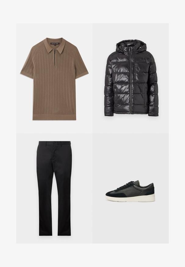 Juodas pūkinis švarkas su blizgiu, siuvinėtu paviršiumi, kapišonu, priekiniais užtrauktukais ir dviem šoninėmis kišenėmis. Lengvas ir šiltas dizainas.; Ruda ribota megztinė trumpomis rankovėmis su apykakle ir priekyje su puse užtrauktuku, žymima Michael Kors, dydis vidutinis.; Juodos medvilninės kelnės su tiesiais kojomis, su sagčių uždarymu priekyje ir šoninėmis kišenėmis, lygia tekstūra, be matomų raštų.; Žemi sportbačiai su juodu sukurto veliūro ir tekstūruoto odos deriniu, balta guma padanga ir juodi raišteliai. Šoninėse dalyse subtilus prekės ženklas.