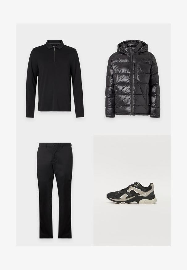 Svart puffjacka med en glänsande, vadderad yta, huva, frontdragkedja och två sidofickor. Lätt och isolerad design.; Svart långärmad polo med dragkedja vid kragen, tillverkad av mjukt tyg, med en figurnära design och utan synliga mönster eller detaljer.; Svarta bomullsbukser med raka ben, med framknäppning och sidofickor, slät textur, utan synliga mönster.; Svart och beige träningsskor med en ovandel av mesh, texturerade detaljer och en vadderad sula med gummitraktion. Skosnören i svart.