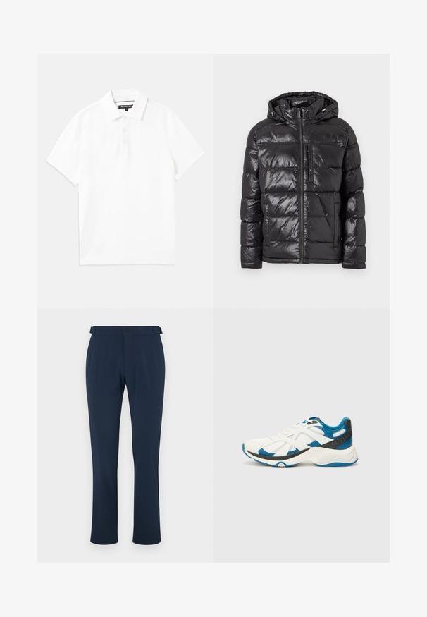 Schwarze Steppjacke mit glänzender, gesteppten Oberfläche, Kapuze, Frontreißverschluss und zwei seitlichen Taschen. Leicht und isoliert.; Weißes Poloshirt aus atmungsaktivem Baumwollmix, mit Kragen, kurzen Ärmeln und einer Knopfleiste mit drei Knöpfen. Glatte Textur, ohne Muster.; Blaue Hose aus glattem Stoff, mit geradem Bein, Gürtelschlaufen und einem einzigen Knopfverschluss. Minimalistischer Stil ohne Muster.; Weißer Sneaker mit blauen Akzenten, Obermaterial aus Mesh und Synthetik, strukturiertem grauen Fersenbereich, runder Zehenpartie und gepolsterter weißer Sohle.