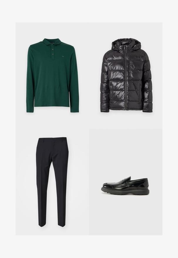 Sort pufferjakke med en blød, quilted overflade, hætte, frontlynlås og to sidelommer. Letvægts- og isoleret design.; Mørkegrøn langærmet polo skjorte med krave og tre knapper, med lille broderet "MK" logo på brystet.; Mørkeblå bukser med slim fit. Fremstillet af glat, struktureret stof, med flad front, bæltestropper og sidelommer.; Sort læderloafer med en blank finish, rund tå, subtile syninger og en tyk gummisål for holdbarhed.