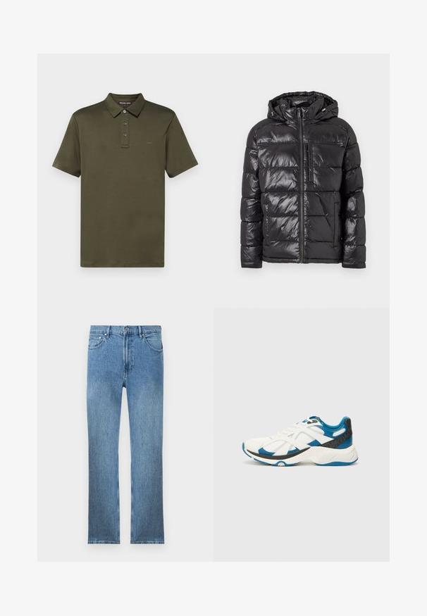 Svart dunjakke med en skinnende, kviltet overflate, hette, frontglidelås og to sidelommer. Lett og isolert design.; Michael Kors SLEEK NEW - T-shirts - ivy; Lyseblå denimjeans med rett snitt, fem lommer, glidelås og kontraststing. Stoffet har en glatt, strukturert overflate.; Hvit sneakers med blå detaljer, overdelen i mesh og syntetisk materiale, teksturert grå hæl, avrundet tå, og en polstret hvit såle.