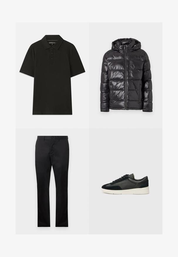 Schwarze Steppjacke mit glänzender, gesteppten Oberfläche, Kapuze, Frontreißverschluss und zwei seitlichen Taschen. Leicht und isoliert.; Schwarzes Polohemd aus strukturiertem Stoff. Mit einer Knopfleiste mit drei Knöpfen und einem klassischen Kragen. Kurze Ärmel und gerader Saum.; Schwarze Baumwollhosen mit geradem Bein, ausgestattet mit einem vorderen Knopfverschluss und seitlichen Taschen, glatte Textur, keine sichtbaren Muster.; Niedrig geschnittene Sneaker aus einer Mischung aus schwarzem Wildleder und strukturiertem Leder, mit einer weißen Gummisohle und schwarzen Schnürsenkeln. Dezente Markenkennzeichnung an der Seite.