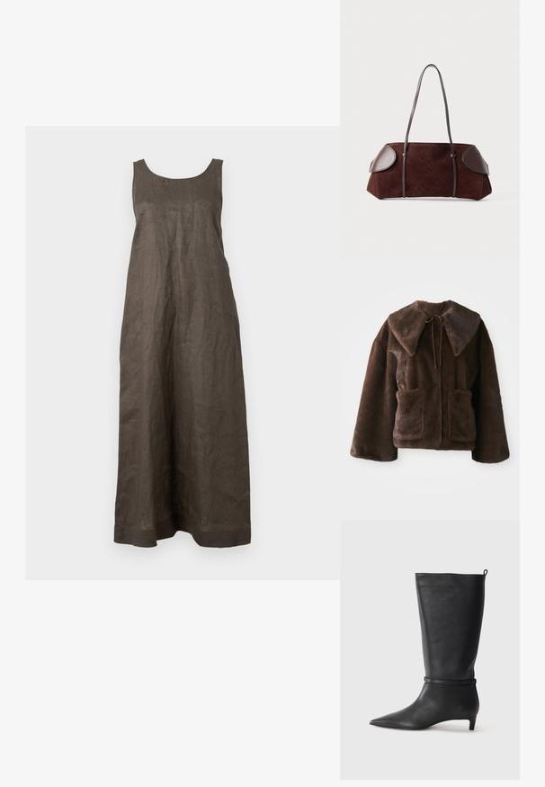 Chaqueta de pelaje sintético marrón con gran cuello, cierre delantero con lazo, mangas largas y dos bolsillos en el pecho, sobre un fondo blanco.; Vestido largo sin mangas de lino marrón oscuro. Presenta un escote redondo y un corte recto, con un dobladillo simple sin adornos.; Bota de cuero negro hasta la rodilla con punta afilada, acentuada por una correa circular alrededor del tobillo y un tacón bajo y afilado. Textura suave.; Bolsa de ante marrón con acentos de cuero, forma estructurada, doble strap para el hombro y bordes redondeados, con una textura suave y hardware minimal.