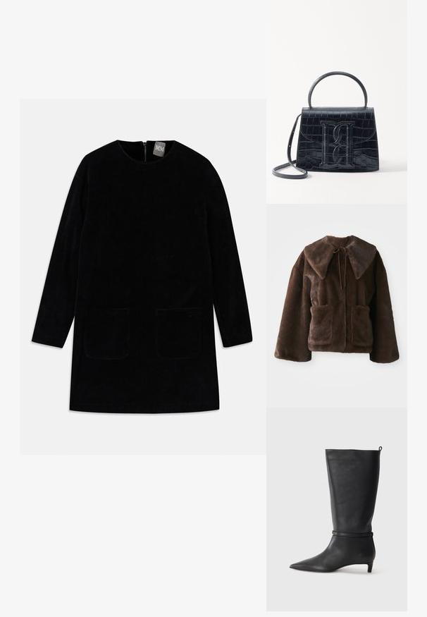Casaco de pelo sintético castanho com gola larga, fecho frontal com laço, mangas longas e dois bolsos frontais em patch sobre um fundo branco.; Vestido de veludo cotelê preto com mangas longas, decote alto e dois bolsos frontais. Apresenta um fecho de zip na parte de trás e um tecido texturizado.; Bota preta de couro até ao joelho com bico fino, realçada por uma tira circular ao redor do tornozelo e um salto baixo e afunilado. Textura suave.; Bolsa de pele preta com estampa de crocodilo, de design estruturado, com alça de mão, correia ajustável e um detalhe de logotipo em destaque na frente.