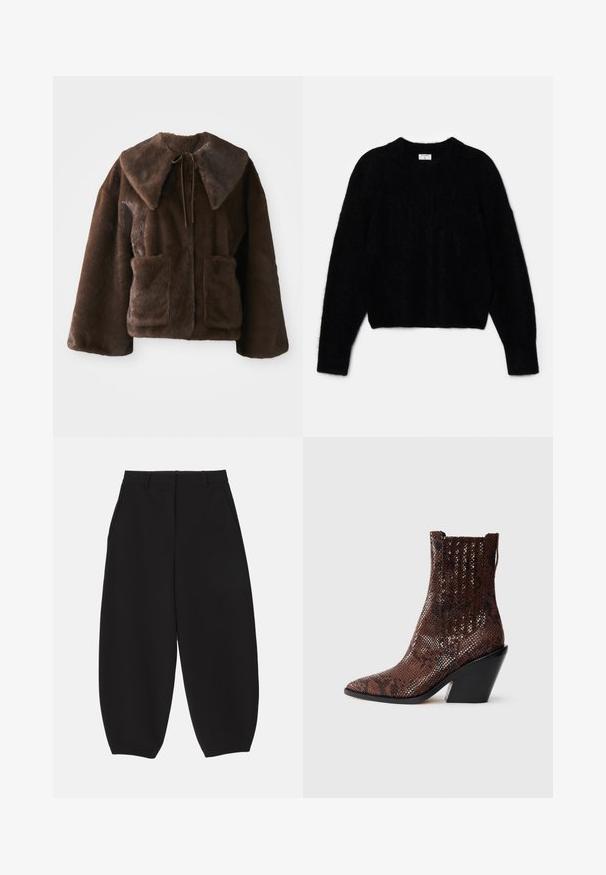 Barna műszőrme kabát széles gallérral, elülső megkötéssel, hosszú ujjakkal és két elülső zsebével, fehér háttér előtt.; Fekete, rövidített pulóver bolyhos anyagból. Kerek nyakkivágással és hosszú ujjakon puha tapintású. Minimális design, minta nélkül.; Fekete, laza szárú nadrág sima anyagból, szabott dizájnnal, elülső zsebekkel és lapos derékpánttal, övhurkokkal.; Barna, kígyómintás bokacsizma, hegyes orral, texturált felülettel és fekete, vastag sarkú kivitelben. A tetején bordázott dizájn jellemzi.