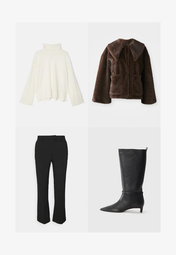 Brown faux fur jacket with wide collar, front tie closure, long sleeves, and two front patch pockets on a white background.; Light cream turtleneck sweater, oversized fit, ribbed texture, dropped shoulders, and wide sleeves, made from a soft knit fabric.; Black tailored pants with a straight-leg design, featuring belt loops and side pockets. Made from smooth fabric with a clean finish.; Black leather knee-high boot with a pointed toe, accented by a circular strap around the ankle and a low, tapered heel. Smooth texture.