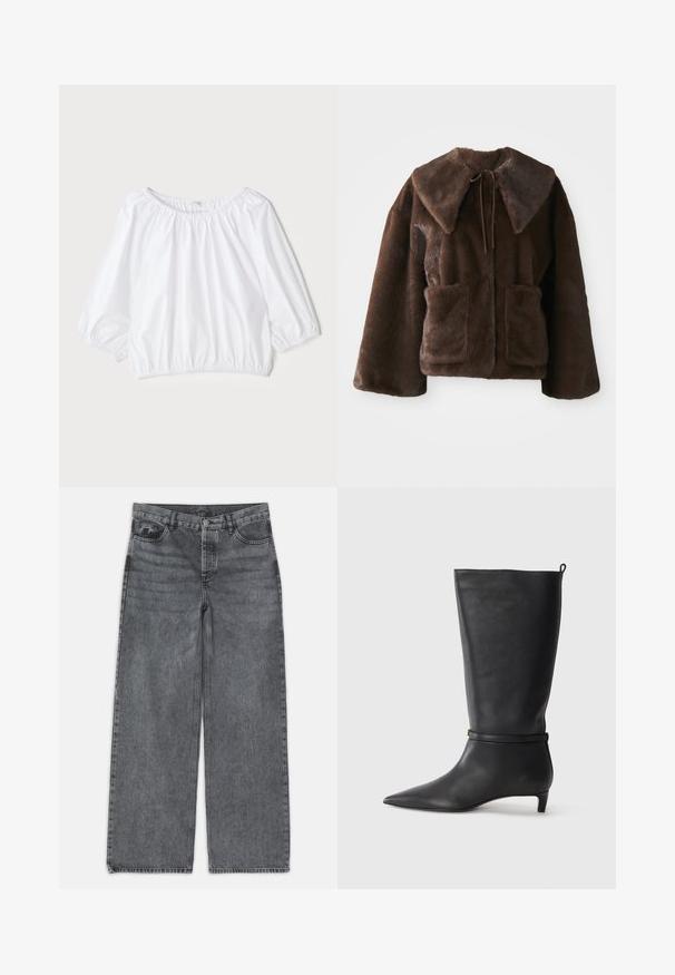 Smeđa jakna od umjetnog krzna sa širokim okovratnikom, prednjim zatvaranjem na vezanje, dugim rukavima i dva prednja džepa na bijeloj pozadini.; Bijela, lagana bluzica s okruglim izrezom, rukavima do tri četvrtine s nabranim detaljima i elastičnom strukom, s glatkom, sjajnom teksturom.; Široke traperice u tamnosivoj boji. Imaju visoki struk, dizajn s pet džepova i prednje kopčanje na dugme. Glatka tekstura s suptilnim izbljeđenjem.; Crne kožne čizme visine do koljena s izduženim prstima, ukrašene okruglom trakom oko gležnja i niskom, suženom petom. Glatka tekstura.