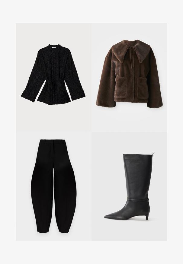 Giacca in pelliccia sintetica marrone con ampio colletto, chiusura a fiocco frontale, maniche lunghe e due tasche a toppa davanti su uno sfondo bianco.; Holzweiler JENNA - Camicia - black; Pantaloni neri a gamba larga con vita alta, fronte plissettato e caviglie affusolate. Realizzati in tessuto liscio con finitura opaca.; Stivale in pelle nera alta fino al ginocchio con punta affusolata, adornato da una fascia circolare attorno alla caviglia e un tacco basso e conico. Texture liscia.