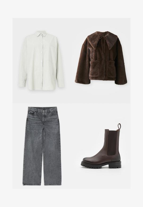 Chaqueta de pelaje sintético marrón con gran cuello, cierre delantero con lazo, mangas largas y dos bolsillos en el pecho, sobre un fondo blanco.; Camisa de algodón verde claro, de manga larga, con patrón de rayas sutiles, bolsillo delantero y cuello estructurado. Corte clásico y textura suave.; Jeans de pierna ancha en denim gris oscuro. Presentan una cintura alta, diseño de cinco bolsillos y cierre delantero de botón. Textura suave con un sutil desgastado.; Botín de cuero marrón con paneles laterales elásticos, una lengüeta para facilitar el calce y una suela gruesa con un patrón de relieve. Acabado suave y diseño robusto.