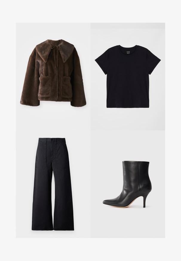 Brūns mākslīgās kažokādas mētelis ar plašu apkakli, priekšējo saišu aizdari, garām piedurknēm un divām priekšējām kabatām uz balta fona.; Melns īsais krekliņš ar īsām piedurknēm, kas izgatavots no mīkstas kokvilnas. Klasisks apaļas kakla dizains ar vienkāršu, neizpušķotu virsmu un brīvu piegriezumu.; Platas kājas melnas bikses ar augstu jostasvietu, priekšējiem kabatām un gludu auduma tekstūru. Divas ietamborētas kabatas priekšā piedod papildu detaļas.; Melnas ādas potītes zābaki ar norādītu pirkstu, šauru stiletto papēdi un gludu tekstūru. Minimalistiska dizaina, bez redzamām detaļām vai akcentiem.