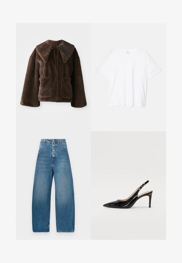 Καφέ φερμουάρ από τεχνητή γούνα με φαρδύ γιακά, κλείσιμο με κορδόνι μπροστά, μακριά μανίκια και δύο μπροστινές τσέπες με patch σε λευκό φόντο.; Λευκό βαμβακερό μπλουζάκι με κοντά μανίκια, στρογγυλή λαιμόκοψή, χαλαρή εφαρμογή και ραμμένο στρίφωμα. Ετικέτα ορατή στο εσωτερικό του λαιμού.; Φαρδιά μπλε τζιν παντελόνια με ψηλή μέση, μπροστινό κλείσιμο με πέντε κουμπιά και δύο πλευρικές τσέπες. Λείος υφάσματος, κλασικό μπλε πλύσιμο.; Μαύρη πατέν κλίνγκμπακ άντρες με μυτερή μύτη, λεπτό τακούνι και διακριτικό σχέδιο κοψίματος. Διαθέτει χρυσό κούμπωμα στη λωρίδα.