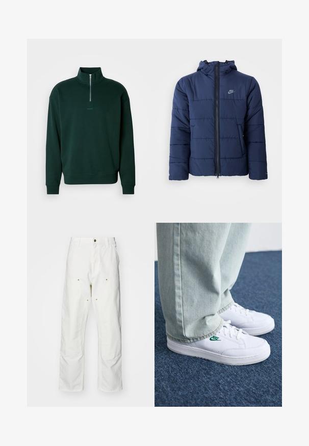 Jachetă umplută de culoare bleumarin cu glugă, cu un fermoar frontal, model de cusătură orizontală și un mic logo pe partea stângă sus a pieptului.; Sweatshirt pulover de culoare verde închis, cu un guler înalt, închidere cu fermoar pe jumătate și manșete cu striații. Prezintă un logo discret "HUGO" pe piept.; Pantaloni cargo din bumbac alb, cu o croială lejeră. Caracteristicile includ buzunare frontale, accesorii din metal aurit și secțiuni întărite la genunchi.; Adidași din piele albă cu logo-ul Nike verde, vârf rotund, talpă plată, asortați cu pantaloni din denim bleu deschis, prezentați pe un covor albastru.