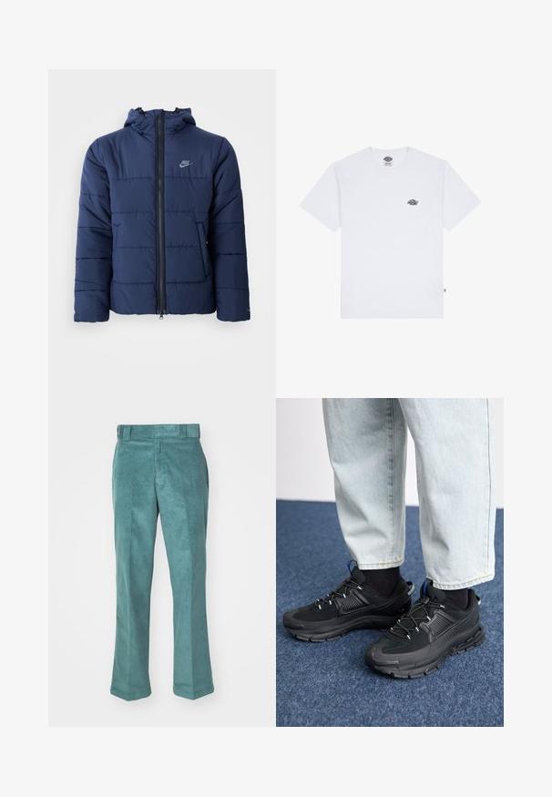 Tamno plava puf jakna s kapuljačom, koja ima prednji zip, horizontalni uzorak šavova i mali logo na gornjem lijevom prsnom dijelu.; Bijela pamučna majica s kratkim rukavima, koja ima mali crni logotip na prsima i oznaku u donjem lijevom kutu.; Tirkizne hlače od kordura s ravnim krojem, s glatkom teksturom, petljama za pojas i bočnim džepovima. Bez vidljivih uzoraka ili metalnih dijelova.; Crne atletske cipele s teksturiranom tkaninom i gumene potplate, s elastičnim vezicama i plavim akcentom na peti. Nosene su s svijetlim trapericama.