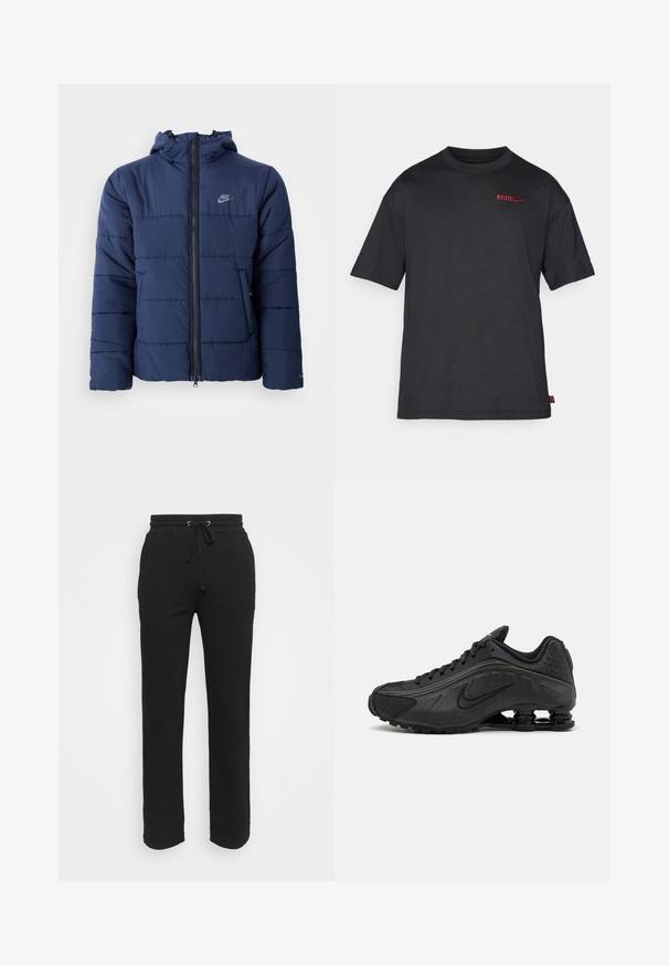 Tengerészkék puffos dzseki kapucnival, elöl cipzárral, vízszintes varrásmintázattal és egy kis logóval a bal felső mellrészen.; Fekete póló rövid ujjal, kerek nyakkivágással, piros "ATLETI" logóval és Nike pipa emblémával. Puha, sima anyag, normál szabás, minimalista dizájn.; Fekete melegítőnadrág puha anyagból, elasztikus derékrésszel és állítható zsinórral. Egyenes lábakkal rendelkezik, zsebek nélkül.; Fekete futócipők sima szintetikus felsőrésszel, perforált díszítéssel, texturált oldalsó panelekkel és egyedi ruganyos talppal.