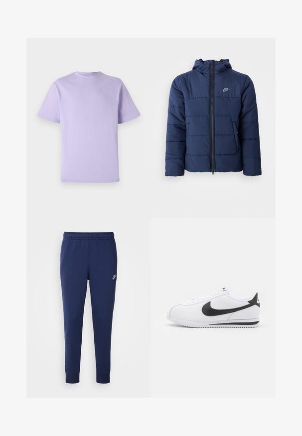Námornícky modrá prešívaná bunda s kapucňou, vybavená predným zipsom, horizontálnym švom a malou nášivkou na hornej ľavej strane hrudníka.; Levanduľové bavlnené tričko s krátkymi rukávmi, okrúhlym výstrihom a voľným strihom. Hladká textúra, bez vzorov alebo zdobení.; Námořnicky modré Nike tepláky vyrobené z měkké bavlněné směsi, s elastickým pasem, zúženými nohavicemi a malým bílým logem na boku.; Biele kožené tenisky s čiernym Nike swoosh, plochými šnúrkami a textúrovanou gumovou podrážkou. Zaoblená špička a polstrovaný golier pre pohodlie.