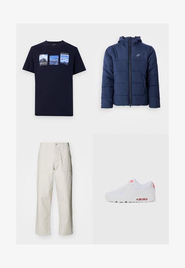 Navy blue puffer jacket with a hood, featuring a front zipper, horizontal stitch pattern, and a small logo on the upper left chest.; Navy blue T-shirt made of textured fabric, featuring four printed images with landscape themes and text in white, round neckline, short sleeves.; Light beige wide-leg pants made of cotton. Features front pockets and a button closure. Smooth texture with subtle vertical lines.; White athletic sneaker featuring a smooth upper, lace closure, cushioned sole, and a visible air unit with red accents on the branding.