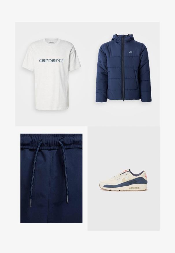 Doudoune bleu marine avec capuche, dotée d'une fermeture éclair à l'avant, d'un motif de couture horizontal et d'un petit logo sur le haut à gauche de la poitrine.; Carhartt WIP SCRIPT - T-shirt imprimé - ash heather/duck blue; Shorts navy bleu à enfiler avec une taille élastique, dotés d'un cordon de serrage texturé et d'un tissu lisse.; Baskets avec un dessus en cuir crème et en suède bleu marine, dotées d'une semelle à air visible, d'une semelle en caoutchouc beige et d'un accent rouge au talon.