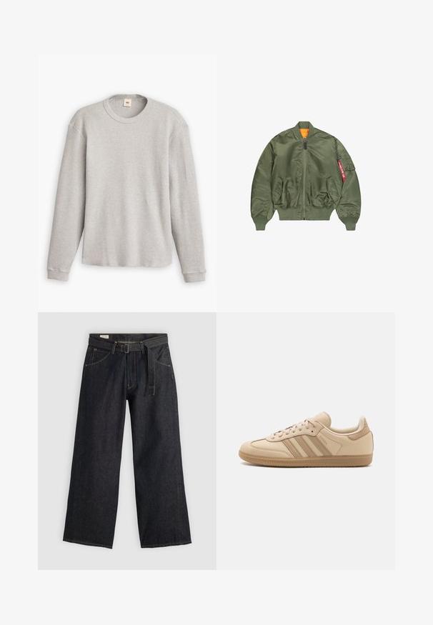 Jachetă bomber verde măslin cu fermoar frontal, manșete și talie ribbed, două buzunare laterale și căptușeală portocalie; dispune de un buzunar cu detalii roșii.; Pulover tricotat gri, cu mâneci lungi, textură în dungi, decolteu rotund și tiv drept. Manșetele sunt ajustate, realizate dintr-un material moale.; Pantaloni largi din denim închise la culoare, cu talie beltată, având buzunare frontale și cusături contrastante. Textură netedă cu un design simplu.; Adidași din piele bej cu trei dungi orizontale, vârf rotund, talpă din cauciuc maro plat și căptușeală din material moale pe guler și limbă.