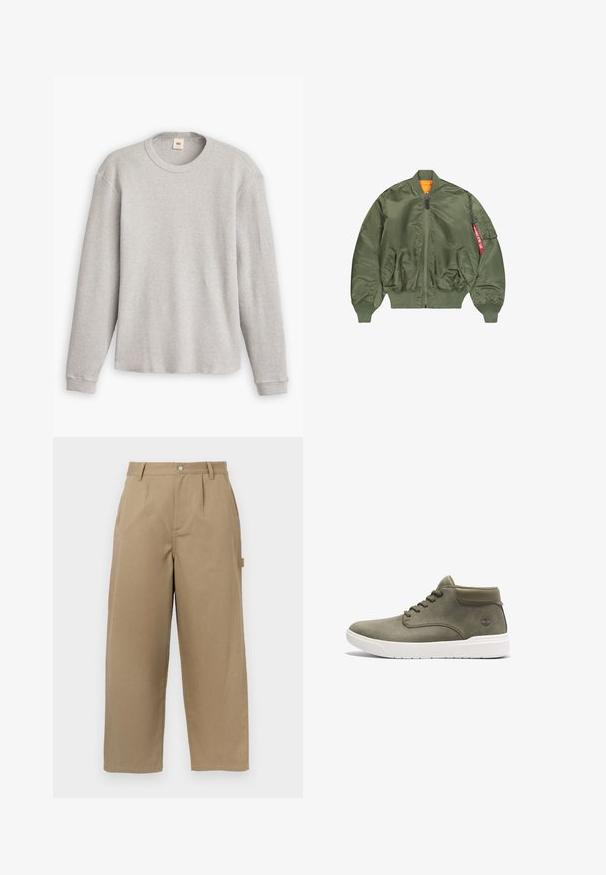 Olivroheline pommitakki, millel on lukuga esikülg, soonikust ääred ja vöökoht, kaks küljetaskut ning oranž vooder; sisaldab taskut punaste detailidega.; Hallitatud hall pikkade varrukatega kudum, millel on soonikkoes pind, ümmargune kaelus ja sirge ääre. Varrukate servad on sobivad, valmistatud pehmest kangast.; Bežid laiad püksid, mis on valmistatud puuvillase segu materjalist, kõrge talje, ees olevate voldikute ja kahe küljetaskuga, millel on nööbiga sulgemine.; Roheline nahkne kõrge toss valge tallaga, ümmargune varvas, lame paelad ja diskreetne logo küljel. Sile tekstuur minimaalsete detailidega.