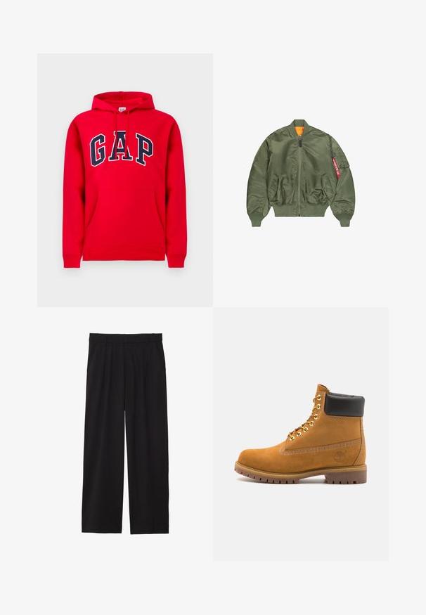 Olivovo zelená bomber bunda so zipsom vpředu, so žebrovanými manžetami a pásom, dvomi bočnými vreckami a oranžovým podšívaním; obsahuje vrecko s červeným detailom.; Červená mikina s kapucňou vyrobená z bavlny, s prednou vreckom, šnúrkami na kapucni a logom "GAP" v námorníckej modrej farbe naprieč hrudníkom.; Biela bavlnená tričko s dlhými rukávmi, okrúhlym výstrihom, voľným strihom a rebrovanými manžetami. Jednoduchý dizajn, bez grafiky alebo vzorov.; Čierne široké nohavice so skladaným predným dielom, bočnými vreckami a hladkým textilným povrchom. Navrhnuté na voľný strih.; Tyrkysové semišové členkové topánky s čiernym polstrovaným golierom, zlatými kovovými očkami, bielym prešívaním a robustnou gumovou podrážkou s výraznými drážkami.