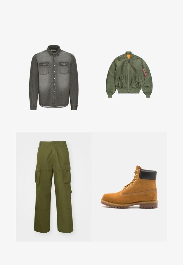 Oliwkowa kurtka bomber z suwakiem z przodu, ribbowanymi mankietami i pasem, dwiema bocznymi kieszeniami oraz pomarańczową podszewką; posiada kieszeń z czerwonymi detalami.; Szara koszula denimowa z kołnierzykiem zapinanym na guziki, długimi rękawami, dwiema kieszeniami na piersi oraz srebrnymi akcentami. Zszyty wzór gradientu w odcieniach wyblakłych.; Biała bawełniana koszulka z długim rękawem, okrągłym dekoltem, luźnym krojem i ściągaczami przy rękawach. Gładki design, bez grafik ani wzorów.; Zielone oliwkowe spodnie cargo wykonane z trwałego materiału, z dwoma bocznymi kieszeniami, luźnym krojem i zapięciem na guzik w talii.; Beżowe zamszowe botki sięgające kostki z czarną wyściełaną krawędzią, złotymi oczkami, białymi detalami szycia oraz wytrzymałą gumową podeszwą z wyraźnym bieżnikiem.