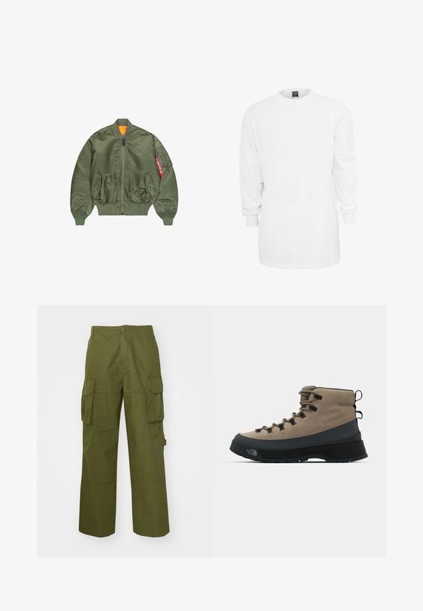 Olivroheline pommitakki, millel on lukuga esikülg, soonikust ääred ja vöökoht, kaks küljetaskut ning oranž vooder; sisaldab taskut punaste detailidega.; Pikkade varrukatega valge puuvillane t-särk ümmarguse kaelusega, laia lõikega ja soonikute otstega. Üksildane disain, ilma graafika või mustriteta.; Olivrohelised cargo püksid, mis on valmistatud vastupidavast kangast, sisaldavad kahte külgtaskut, on lõdva lõikega ning nupuga kinnitatavad vöökoht.; Kohandatud ja musta värvi matkajalatsid, millel on paeltega kinnitussüsteem, vastupidav ülemine materjal ja tekstuuriga tallad, mis tagavad haarde erinevatel maastikel.