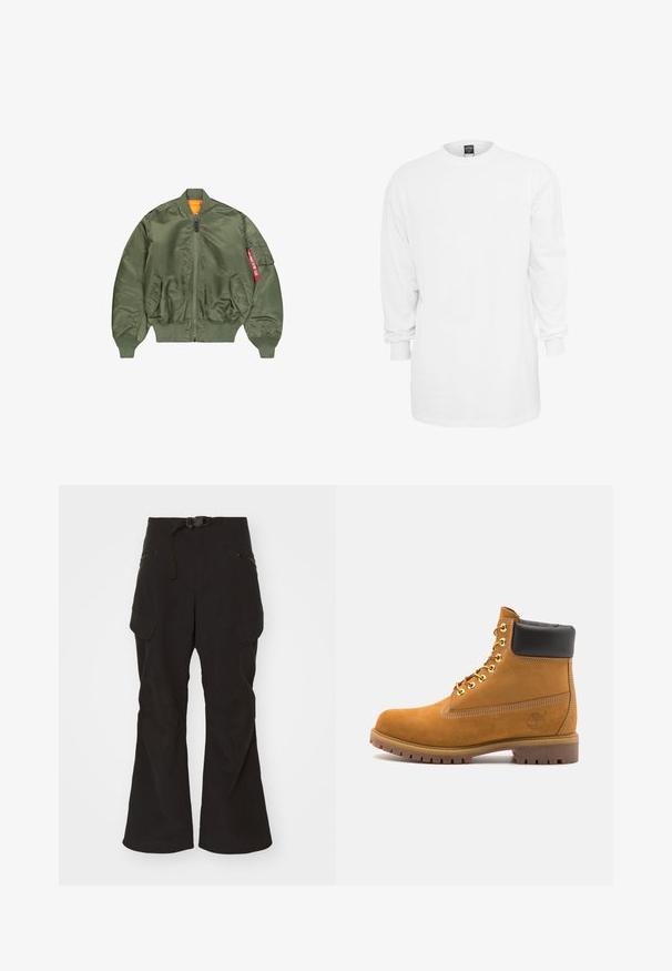 Jachetă bomber verde măslin cu fermoar frontal, manșete și talie ribbed, două buzunare laterale și căptușeală portocalie; dispune de un buzunar cu detalii roșii.; Tricou alb din bumbac cu mânecă lungă, guler rotund, croială lejeră și manșete cu nervuri. Design simplu, fără grafice sau modele.; Pantaloni cargo negri cu talie ajustată, curea reglabilă și multiple buzunare cu fermoar și clapetă. Include genunchiere întărite.; Cizmă de gleznă din întoarsă de culoare bej, cu guler negru căptușit, ochiuri din metal auriu, detalii de cusătură albă și talpă din cauciuc robustă, cu un model pronunțat.