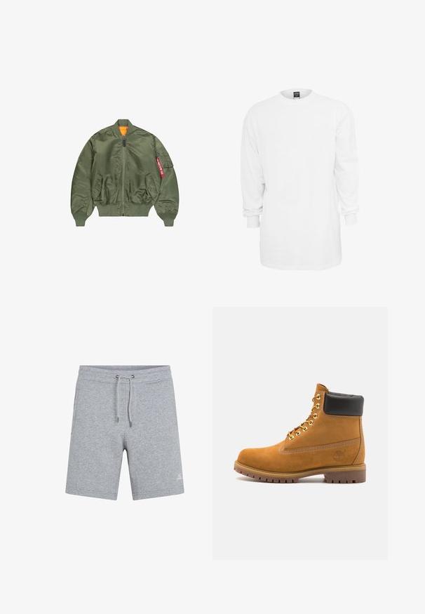 Oljčno zelena bomberska jakna z zadrgo spredaj, rebrastimi manšetami in pasom, dvema stranskima žepoma ter oranžnim podložjem; ima tudi žep z rdečimi detajli.; Bela bombaža majica z dolgimi rokavi, okroglim izrezom, širokim krojem in rebrastimi manšetami. Enostaven dizajn, brez grafik ali vzorcev.; Sive bombažne kratke hlače z elastičnim pasom in nastavljivo vrvico. Imajo stranske žepe in majhen logotip na levi nogi.; Svetlo rjave anklne čizme iz semiša z črnim oblazinjenim ovratnikom, zlatimi kovinskimi očesci, belimi šivi in robustnim gumijastim podplatom s izrazitimi tredi.