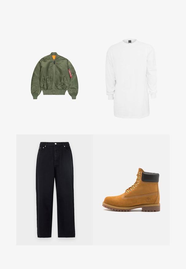 Olivroheline pommitakki, millel on lukuga esikülg, soonikust ääred ja vöökoht, kaks küljetaskut ning oranž vooder; sisaldab taskut punaste detailidega.; Pikkade varrukatega valge puuvillane t-särk ümmarguse kaelusega, laia lõikega ja soonikute otstega. Üksildane disain, ilma graafika või mustriteta.; Mustad mustad laiad püksid, mis on valmistatud denimist. Omab ees nuppude sulgemist, kahte küljetaskut ja klassikalist 5-tasku disaini. Sujuv tekstuur.; Küpset tan suede sääreboot musta pehmea kraega, kuldsed metallist silmad, valge õmblemise detailid ja robustne kummist tallaga, millel on väljendunud mustrid.