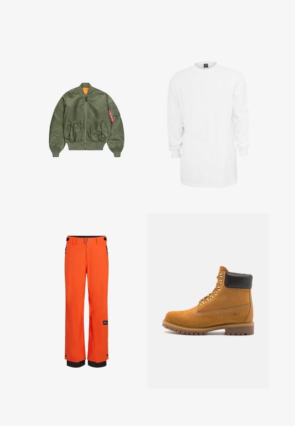 Olivroheline pommitakki, millel on lukuga esikülg, soonikust ääred ja vöökoht, kaks küljetaskut ning oranž vooder; sisaldab taskut punaste detailidega.; Pikkade varrukatega valge puuvillane t-särk ümmarguse kaelusega, laia lõikega ja soonikute otstega. Üksildane disain, ilma graafika või mustriteta.; Erkki erksin oranžid suusipüksid, mis on valmistatud vastupidavast kangast, musta vöökoha, reguleeritavate kinnitustega ja tõmblukuga taskutega, ning elastsete varrukatega.; Küpset tan suede sääreboot musta pehmea kraega, kuldsed metallist silmad, valge õmblemise detailid ja robustne kummist tallaga, millel on väljendunud mustrid.