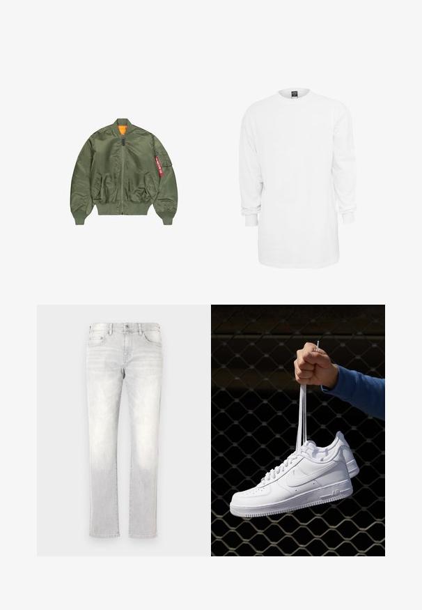 Jachetă bomber verde măslin cu fermoar frontal, manșete și talie ribbed, două buzunare laterale și căptușeală portocalie; dispune de un buzunar cu detalii roșii.; Tricou alb din bumbac cu mânecă lungă, guler rotund, croială lejeră și manșete cu nervuri. Design simplu, fără grafice sau modele.; Blugi din denum gri deschis cu o croială dreaptă, ușor decolorati, cu buzunare frontale și un singur buzunar la spate. Închidere clasică cu nasture și fermoar.; Adidași albaștri din piele cu perforații, vârf rotund, talpă plată și șireturi groase, cu un logo swoosh vizibil și cu inscripția "AIR" pe toc.