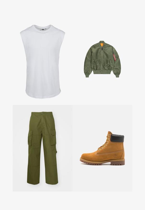 Jachetă bomber verde măslin cu fermoar frontal, manșete și talie ribbed, două buzunare laterale și căptușeală portocalie; dispune de un buzunar cu detalii roșii.; Tricou alb fără mâneci, realizat din bumbac. Textură netedă, cu guler rotund și tiv drept. Fără grafică sau detalii suplimentare.; Pantaloni cargo de culoare verde măsliniu, dintr-un material durabil, având două buzunare laterale, o croială lejeră și închidere cu nasture la talie.; Cizmă de gleznă din întoarsă de culoare bej, cu guler negru căptușit, ochiuri din metal auriu, detalii de cusătură albă și talpă din cauciuc robustă, cu un model pronunțat.