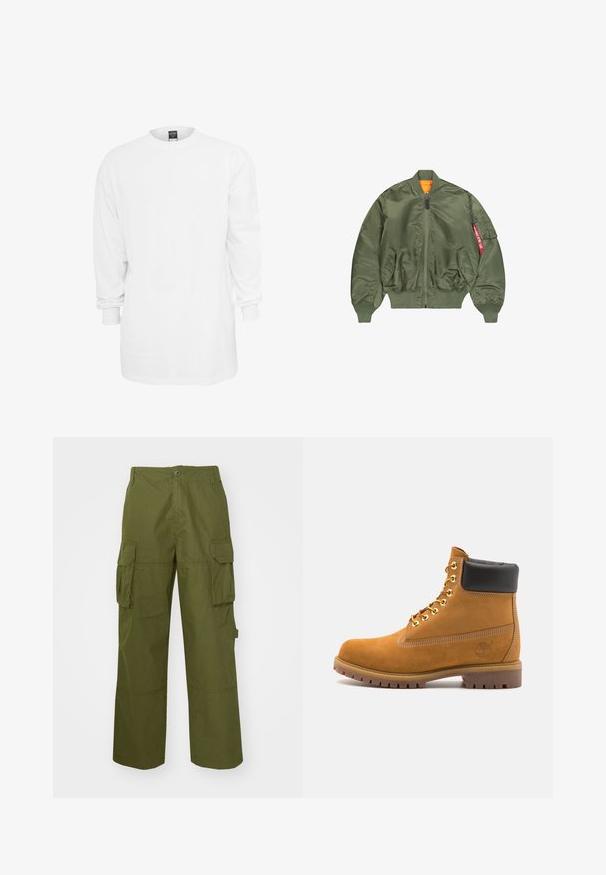 Olívazöld bomber dzseki, elöl cipzárral, bordázott mandzsettákkal és derékpánttal, két oldalsó zsebbel és narancssárga béléssel; piros részletezésű zseb található rajta.; Hosszú ujjú fehér pamut póló, kerek nyakkivágással, laza fazonnal és bordás mandzsettával. Egyszerű, mintás és grafika nélküli dizájn.; Olíva zöld cargo nadrág, tartós anyagból készült, két oldalzsebbel, laza szabással és gombbal záródik a derekán.; Barna velúr bokacipő fekete párnázott gallérral, arany fém fűzőlyukakkal, fehér varrási részletekkel és durva gumitalppal, amelynek kifejezett barázdái vannak.
