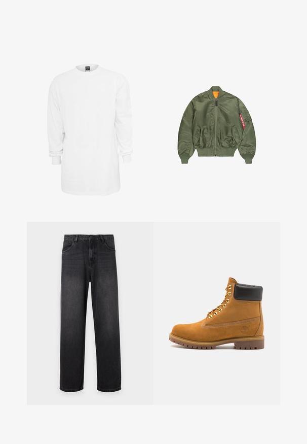 Olivinės spalvos bombers tipo striukė su užtrauktuku priekyje, raukšlėmis ant rankovių ir juosmens, dviem šoninėm kišenėm ir oranžine pamušalu; turi kišenę su raudonu apdaila.; Ilga rankovė balta medvilninė marškinėliai su apvaliu iškirpimu, laisvas pjūvis ir raštuoti rankogaliai. Paprastas dizainas, be grafikų ar raštų.; Tamsiai pilki džinsai su tiesiomis kojomis, turintys užtrauktuko kišenę, penkias kišenes ir subtilius išblukimo akcentus audinyje.; Tan spalvą turintys suknelės batus iki kulkšnies su juodu paminkštintu apvadu, auksiniais metaliniais akių užsegimais, baltais siūlų dekoratyviniais elementais ir tvirtu guminiu padu su ryškiai išreikštais raštais.