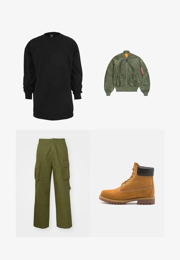 Olivgrüne Bomberjacke mit Frontreißverschluss, gerippten Bündchen und Saum, zwei Seitentaschen und orangefarbenem Futter; verfügt über eine Tasche mit roten Details.; Langärmliges schwarzes T-Shirt aus Baumwolle. Hat einen runden Ausschnitt und eine normale Passform. Glatte Textur ohne sichtbare Muster oder Akzente.; Olivgrüne Cargo-Hosen aus strapazierfähigem Material, mit zwei seitlichen Taschen, einem bequemen Schnitt und einem Knopfverschluss an der Taille.; Beige Wildleder-Ankle-Boot mit schwarzem gepolstertem Kragen, goldenen Metallösen, weißen Nähdetalben und einer robusten Gummisohle mit ausgeprägtem Profil.