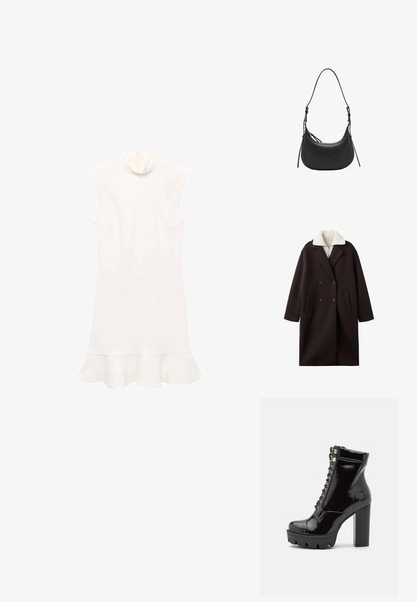 Sort dobbeltradet frakke med en cremefarvet krave, der har to forlommer, skræddersyet design og en blød tekstur.; Hvid ærmeløs kjole med høj hals, der har en bredet kant og en glat tekstur. Enkel design uden mønstre eller synligt hardware.; RAID KYNLEE - Snørestøvletter - black; Sort læder skuldertaske med en buet form, justerbar rem, guldfarvede beslag og en glat tekstureret overflade.