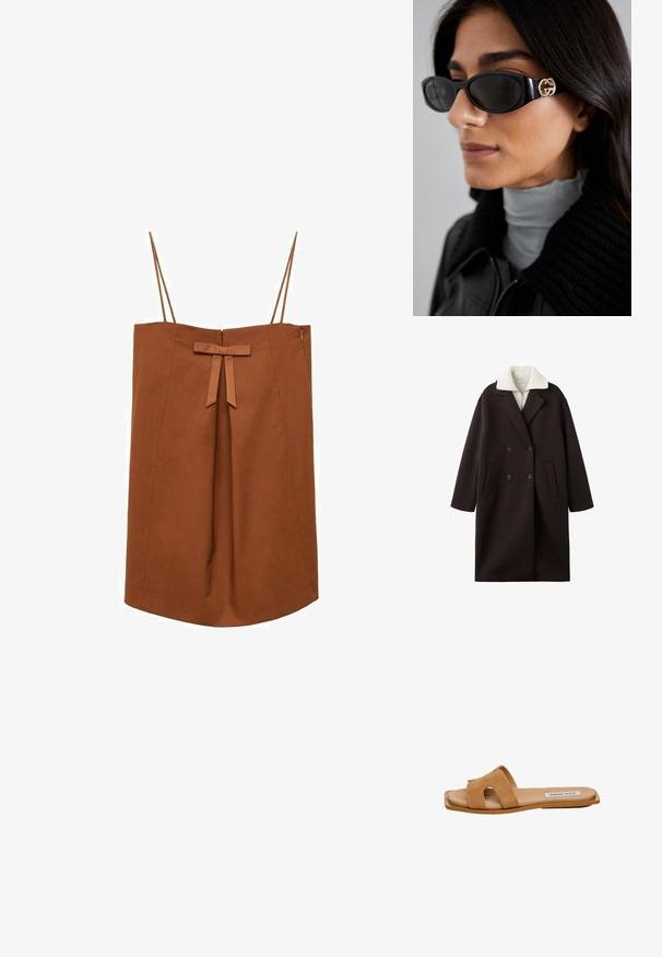 Black double-breasted coat with a cream collar, featuring two front pockets, tailored design, and a soft texture.; Brown sleeveless dress with thin straps, front pleat, and decorative bow at the waist, knee-length with a side zipper.; Tan suede slide sandal featuring two wide straps with cut-out details, flat sole, and subtle logo on the insole.; Black sunglasses featuring a sleek rectangular frame with a gold logo accent on the side. Dark lenses and glossy finish are prominent.; Beige leather shoulder bag with a crescent shape, smooth texture, and a single curved handle. Features a zip closure and neat stitching.