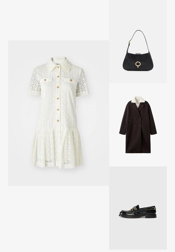 Zwarte double-breasted jas met een crèmekleurige kraag, voorzien van twee frontzakken, een op maat gemaakte uitstraling en een zachte textuur.; Kanten jurk in crèmewit met korte mouwen, een kraag, gouden knopen en twee borstzakken. A-lijn rok met een gegolfde zoom.; Zwarte leren instappers met een glanzende afwerking, voorzien van twee gouden gespen en een lage hak. Gladde textuur met een ronde neus.; Zwarte leren handtas met een gebogen silhoutte, korte schouderband, centrale goudkleurige hardware en een gladde textuur. Geen zichtbare patronen of accenten.