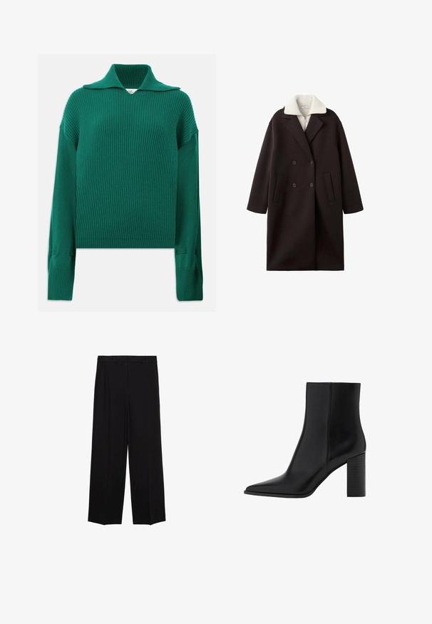 Zwarte double-breasted jas met een crèmekleurige kraag, voorzien van twee frontzakken, een op maat gemaakte uitstraling en een zachte textuur.; Groene geribbelde gebreide trui met een brede kraag, lange mouwen en zijsplitten. Heeft een gestructureerde afwerking en een relaxte pasvorm.; Zwarte wijde broek van een gladde stof, met plooien aan de voorkant en zijzakken, ontworpen met een rechte, relaxte snit.; Zwarte leren enkellaars met een spitse neus, vierkante hak, een gladde textuur en stikdetails langs de naden. De hakken zijn ongeveer 8,9 cm hoog.