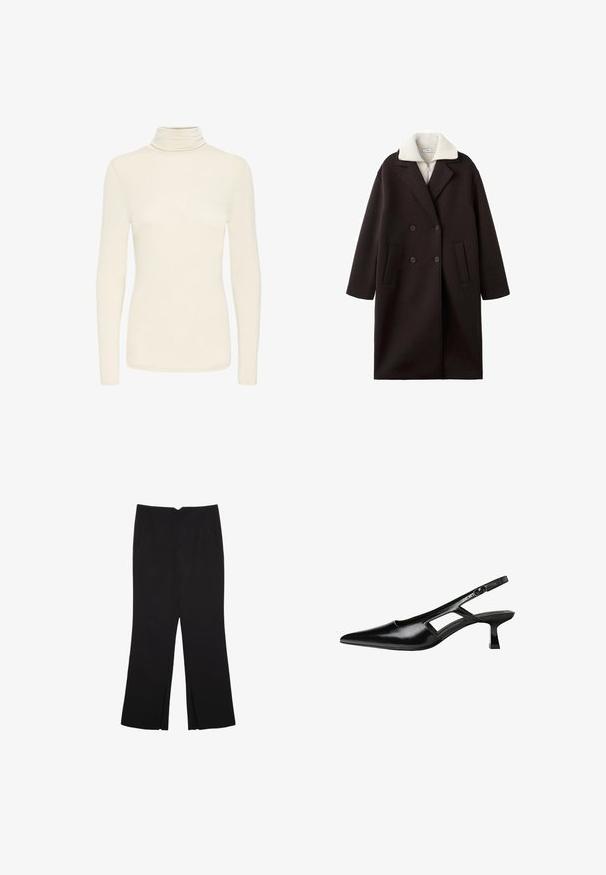 Crni kaput duplog kopčanja s kremastim ovratnikom, s dva prednja džepa, krojenog dizajna i meke teksture.; Krem-boje dugih rukava majica s turtleneck izrezom, uskog kroja i glatke teksture tkanine, prikazana na jednostavnoj bijeloj pozadini.; Crne hlače ravnog kroja, s prednjim džepovima i bočnim prorezima na rubu. Izrađene od mekog i glatkog materijala. Pogodne za razne prigode.; Crne lakirane natikače na remenčić sa špicastim nosom, dizajnom sa izrezima sa strane i malim kvadratnim potplatom. Glatka tekstura s minimalnim akcentima.