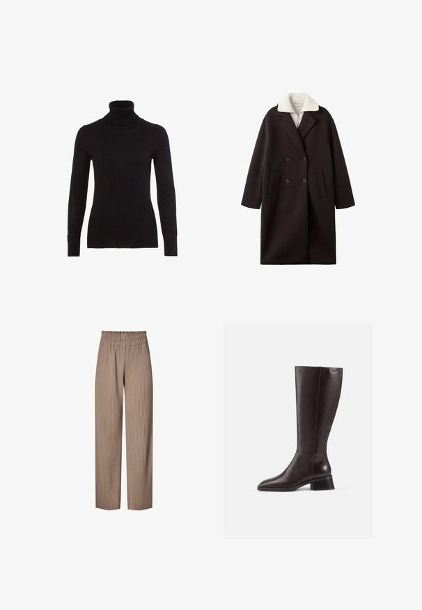 Czarny płaszcz dwurzędowy z kremowym kołnierzem, z dwoma przednimi kieszeniami, dopasowany krój i miękka tekstura.; Czarny sweter z golfem, wykonany z miękkiego dzianinowego materiału. Posiada długie rękawy, ściągacze przy mankietach oraz ściągacz przy dekolcie. Gładka faktura bez widocznych wzorów.; Szerokie spodnie z zakładkami w jasnobrązowym odcieniu z elastyczną talią, z pionowymi paskami dla dodatkowej tekstury i stylu.; Kozaki skórzane w kolorze brązowym, sięgające do kolan, z gładkim wykończeniem, zaokrąglonym noskiem i czarnym, podwyższonym obcasem. Prosty design z minimalną ilością detali metalowych.