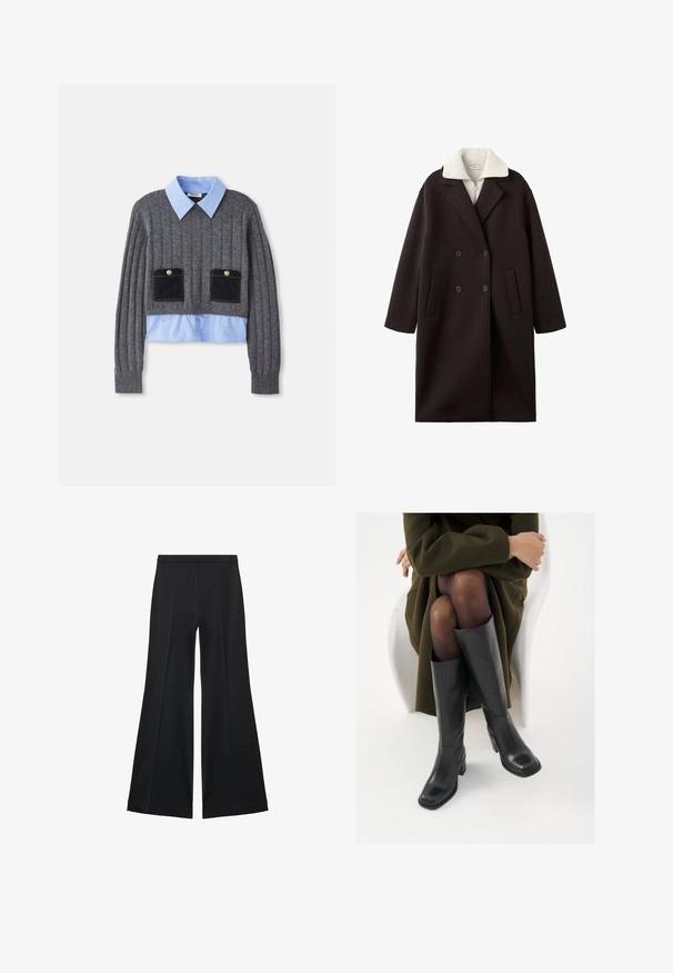 Cappotto nero doppiopetto con colletto crema, dotato di due tasche frontali, design sartoriale e texture morbida.; Maglione grigio a coste con una camicia colletto azzurro chiaro sotto, dotato di due tasche frontali con dettagli in blu scuro e bottoni.; Pantaloni neri a gamba larga con una texture liscia, caratterizzati da pieghe frontali e un design sartoriale. Il tessuto è leggero e fluido.; Stivali neri in pelle alti fino al ginocchio con punta squadrata e tacco a blocco, mostrati con un modello seduto in un cappotto verde oliva. Texture liscia, dettagli minimi.