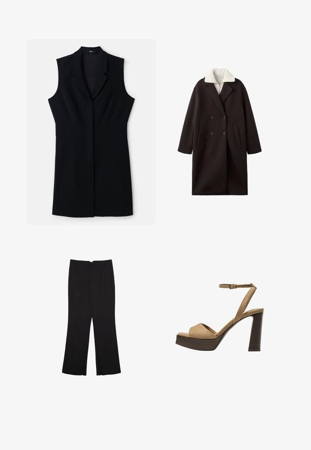 Black double-breasted coat with a cream collar, featuring two front pockets, tailored design, and a soft texture.; Black sleeveless blazer dress with a tailored fit, featuring a notched collar and a single front closure. Smooth fabric and minimalist design.; Black trousers with a straight fit, featuring front pockets and side slits at the hem. Made of soft, smooth fabric. Suitable for various occasions.; Beige suede high-heeled sandals with a wide front strap and ankle strap, featuring a chunky wooden block heel with a textured finish.