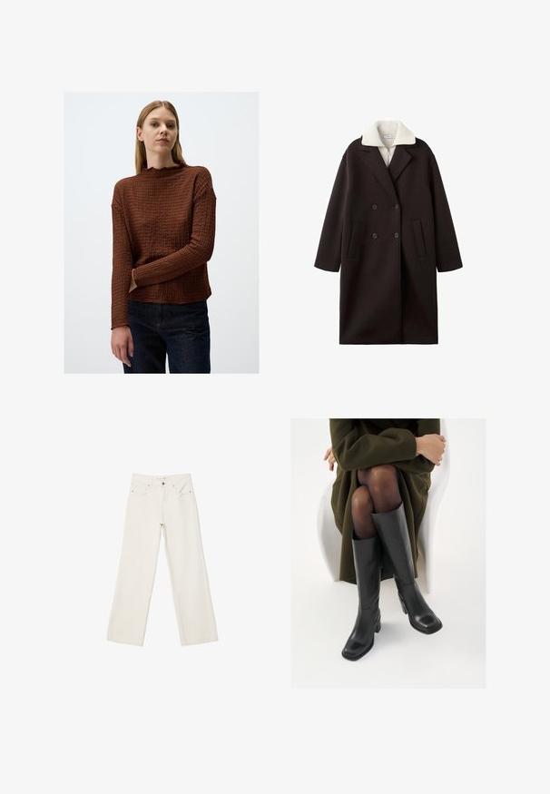 Zwarte double-breasted jas met een crèmekleurige kraag, voorzien van twee frontzakken, een op maat gemaakte uitstraling en een zachte textuur.; Bruine, gestructureerde, lange mouwen trui met een scalloped halslijn, een losse pasvorm en geribde mouwen, gecombineerd met donkerdenim jeans.; Witte wijde spijkerbroek van denim, met een hoge taille, voorzakken en een knoopsluiting. Eenvoudig ontwerp met minimalistische accenten.; Knieschijf hoge zwarte leren laarzen met een vierkante neus en blokhak, getoond met een model dat zit in een olijfgroene jas. Gladde textuur, minimale details.