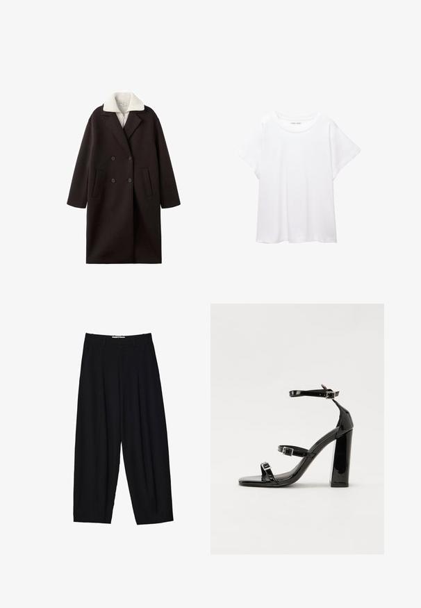 Black double-breasted coat with a cream collar, featuring two front pockets, tailored design, and a soft texture.; White T-shirt made of soft, lightweight fabric. Features a round neckline and short, wide sleeves with a relaxed fit. No visible patterns.; Black wide-leg trousers made of lightweight fabric, featuring front pleats, a classic waistband, and side pockets. Smooth texture.; Black patent high-heeled sandals with two buckle straps, square toe, and a chunky block heel, featuring a smooth, glossy texture.